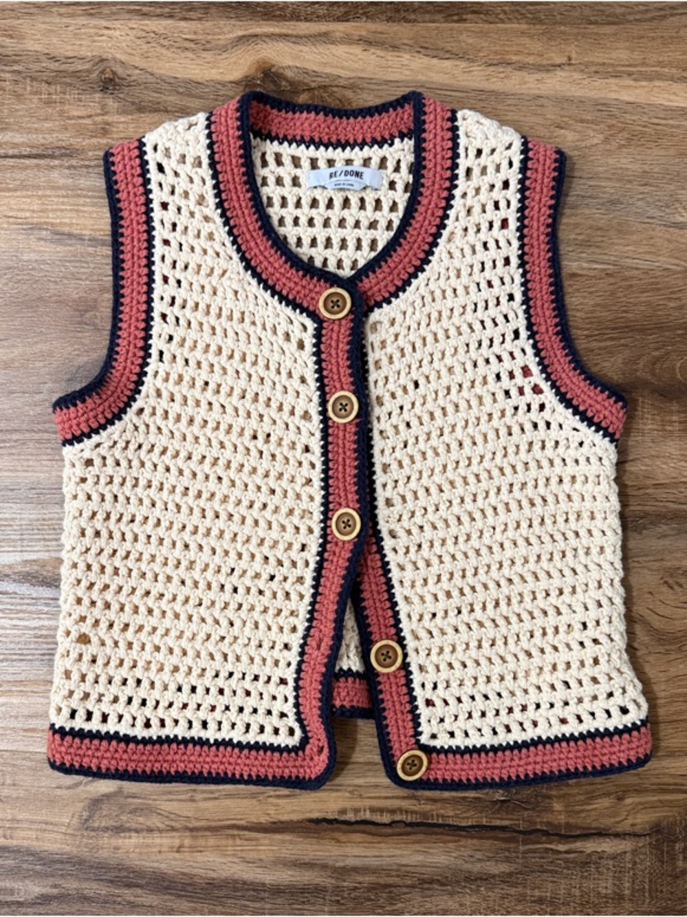 Re/Done 100% Cotton Crochet Crew Neck Vest with Red Trim